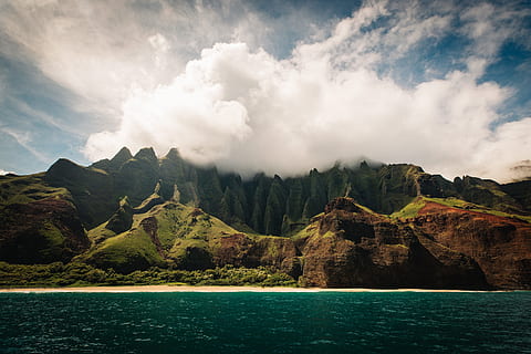 green mountain under blue sky near body of water, cloud, ocean HD wallpaper