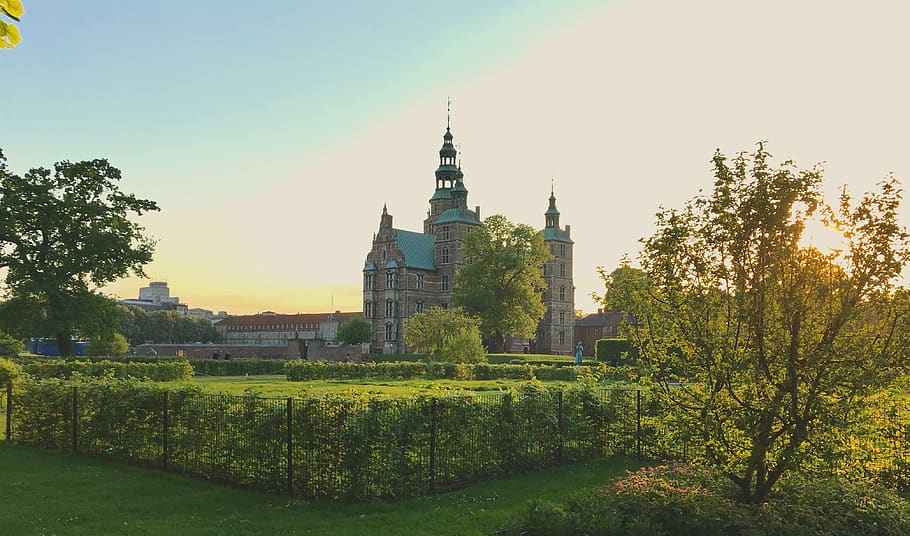 castle surrounded by garden, grass, plant, tower, building, steeple HD wallpaper