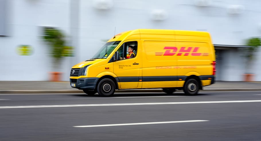 yellow DHL bus, person, human, vehicle, transportation, van, moving van