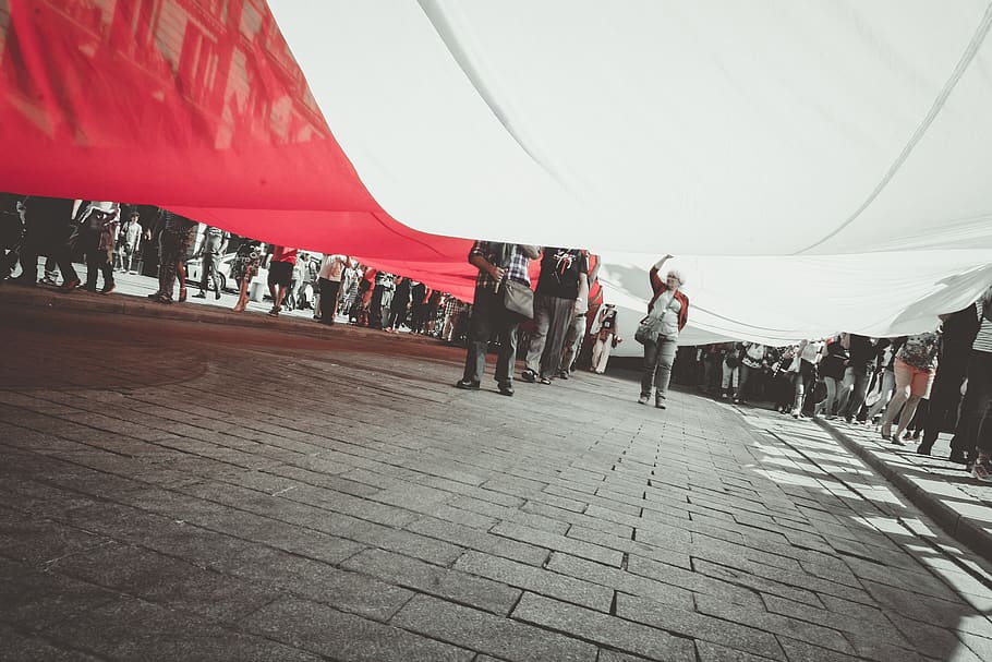 people under white and red textile, person, human, pedestrian HD wallpaper