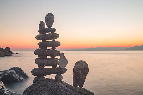 gravity, sea, stone, balancing, rock, sunset, water, sky, solid HD wallpaper