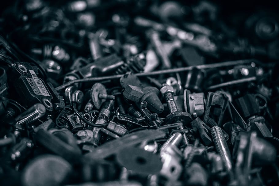 metal, tools, mechanical, bolt, large group of objects, selective focus HD wallpaper