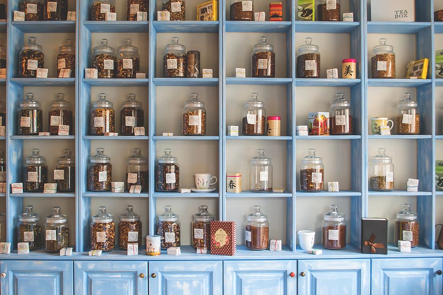 tea, jars, shelves, cupboard, kitchen, store, shopping, food HD wallpaper