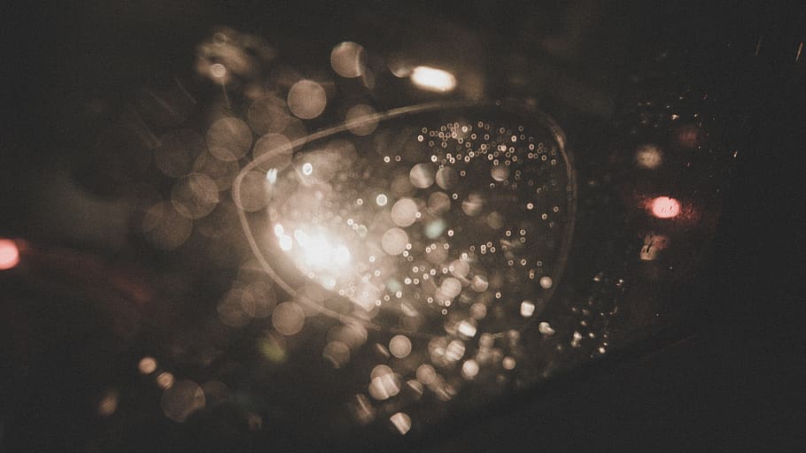 close up, shadow, night, car, mirror, window, water, rain, light HD wallpaper