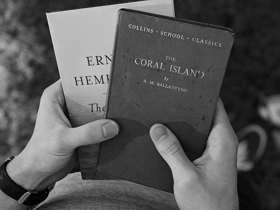 novels, hands, black and white, hemingway, books, shadows, college