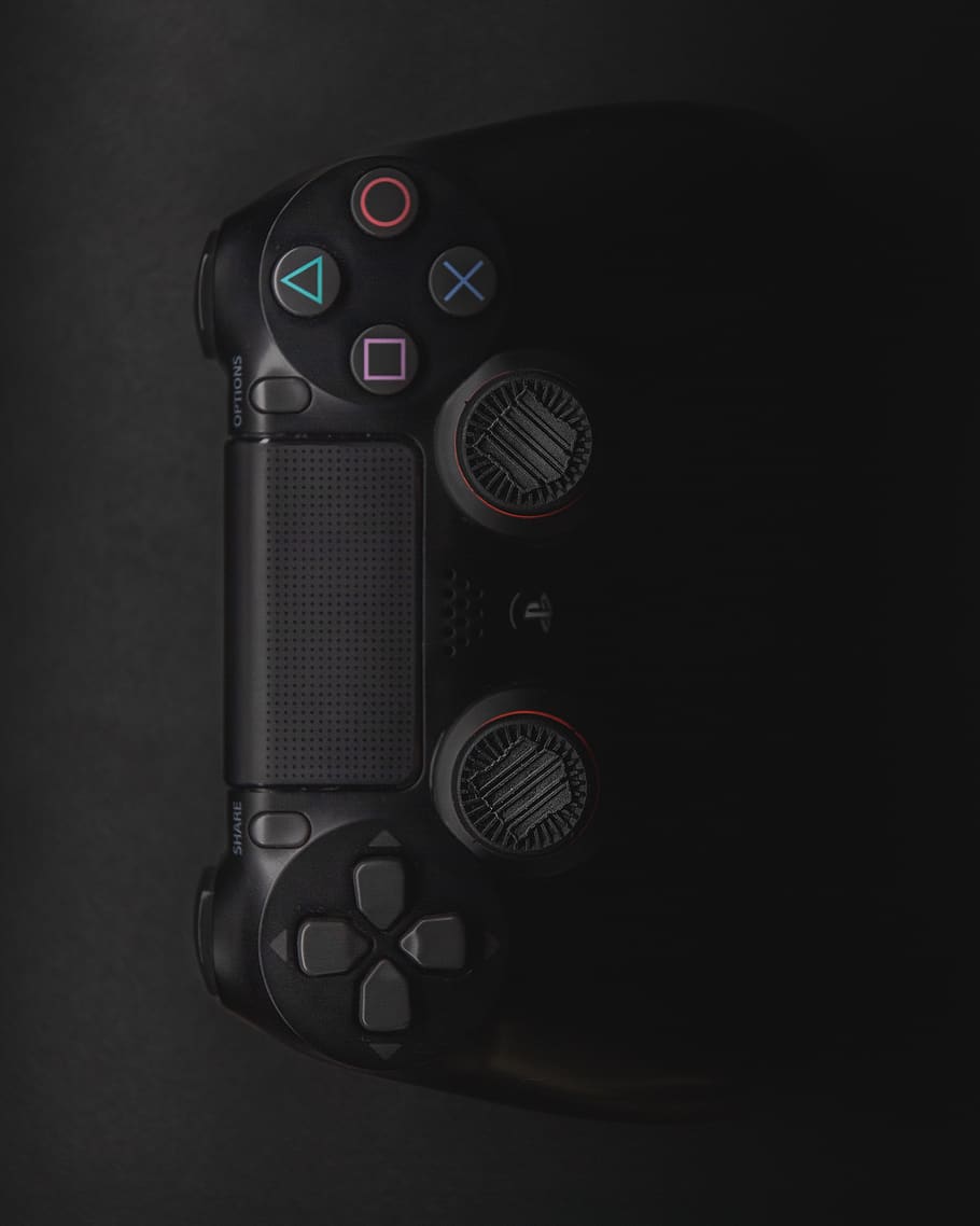 Black Sony Dualshock 4, black background, buttons, connection