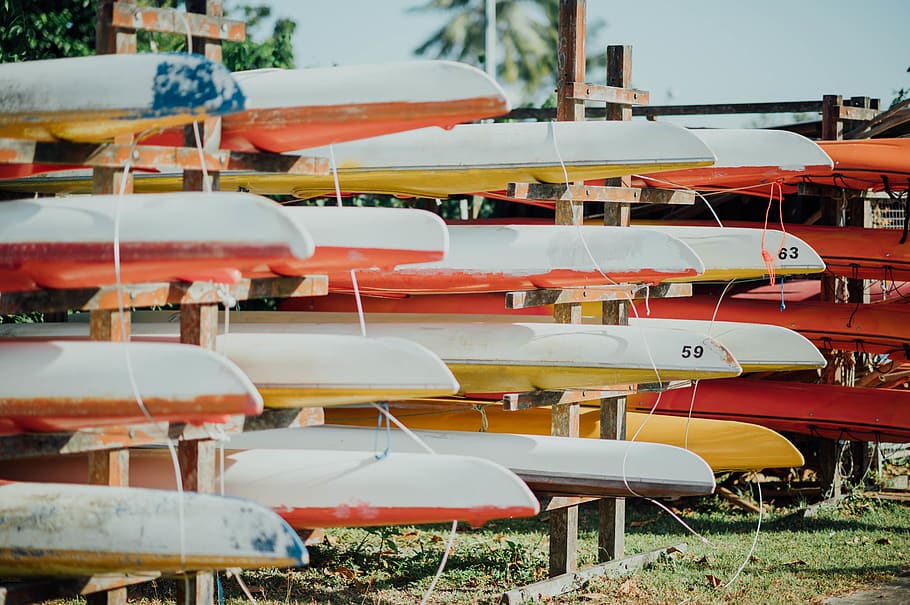 white canoe lot, day, nautical vessel, in a row, seat, nature HD wallpaper