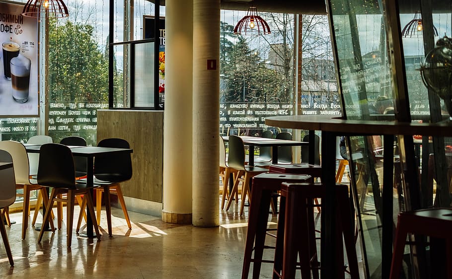 Empty Chairs Inside Bar, building, contemporary, furniture, interior HD wallpaper