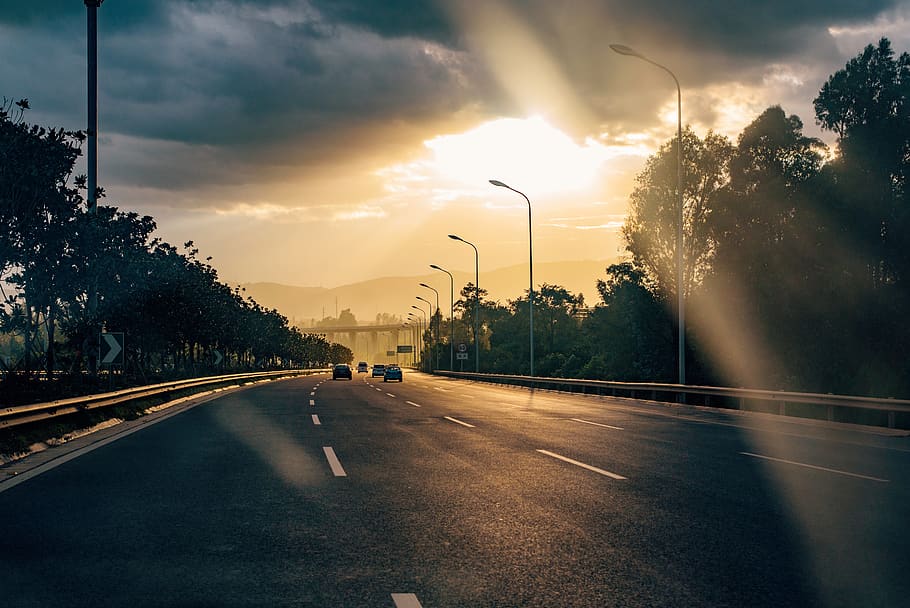 china, kunming, highway, clouds, sky, road, traffic, golden hour HD wallpaper