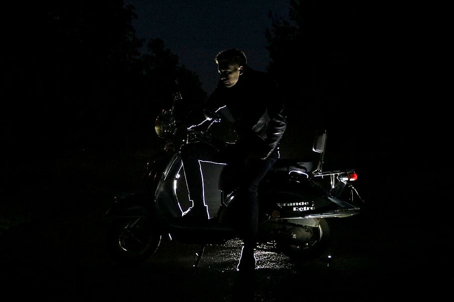 man sitting on motorcycle, netherlands, bike, scooter, dark, night HD wallpaper