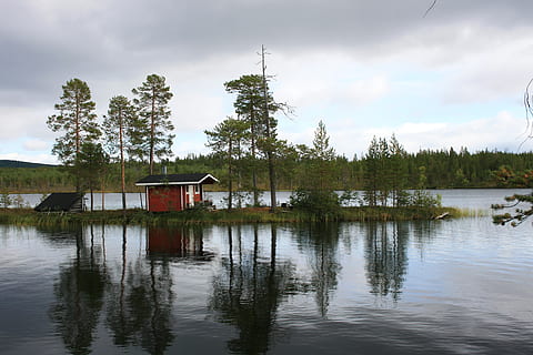 nature, landscape, clouds, sky, cottage, maja, pond, water HD wallpaper