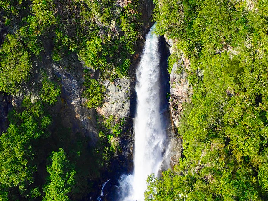 waterfalls cascading down cliff lined with trees, river, outdoors HD wallpaper