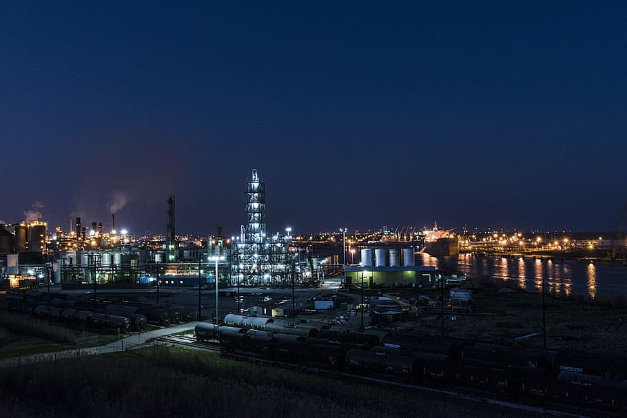 area, industry, industrial, factory, work, night, fuel and power generation, HD wallpaper