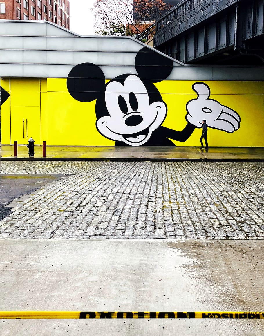 classic Mickey Mouse wall art, yellow, architecture, built structure, HD wallpaper