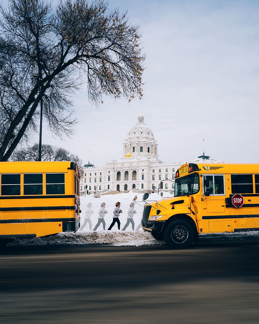 Two Yellow Buses Parked Near White Building, architecture, road HD wallpaper