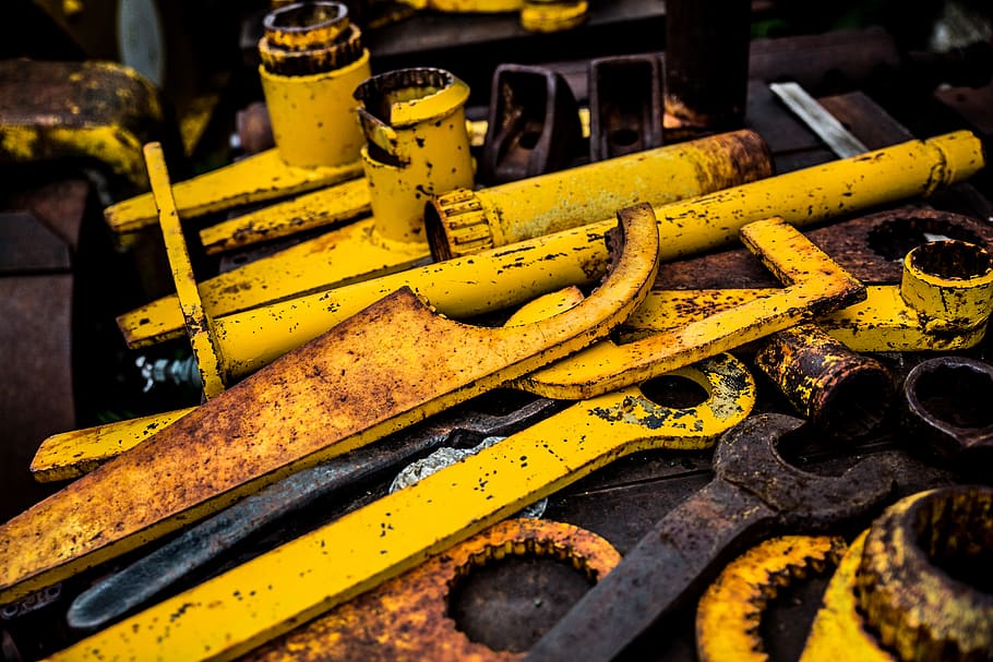 yellow metal tool lot, indoors, no people, close-up, high angle view HD wallpaper