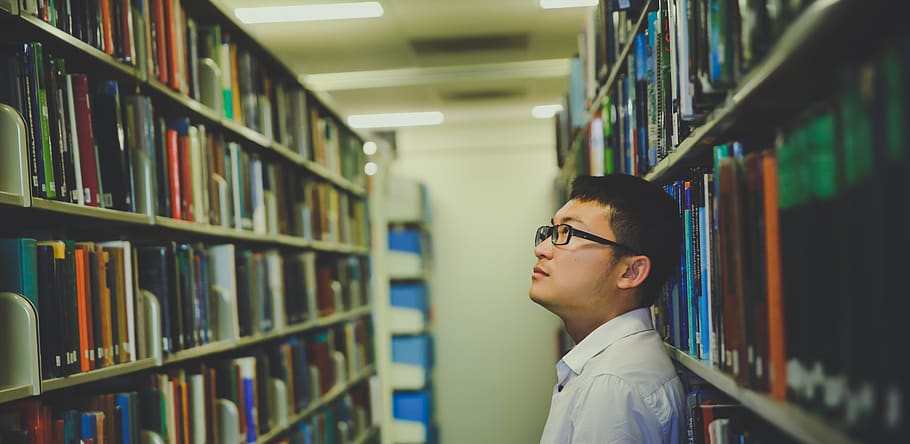 shelf, rack, bookcase, indoors, education, library, people HD wallpaper