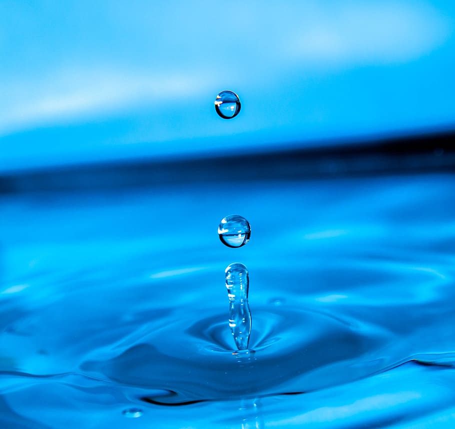 Water Droplets, blue, clean, clear, dew, drip, drop of water HD wallpaper