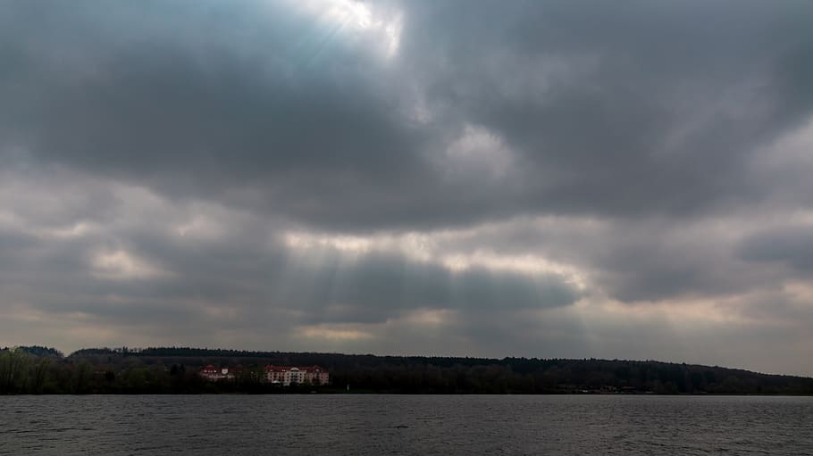 lake, rehe, forest, tree, clouds, sunlight, sky, cloud - sky HD wallpaper