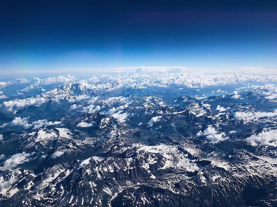 aerial photography of mountains, ridge, range, cloud, blue, alp HD wallpaper