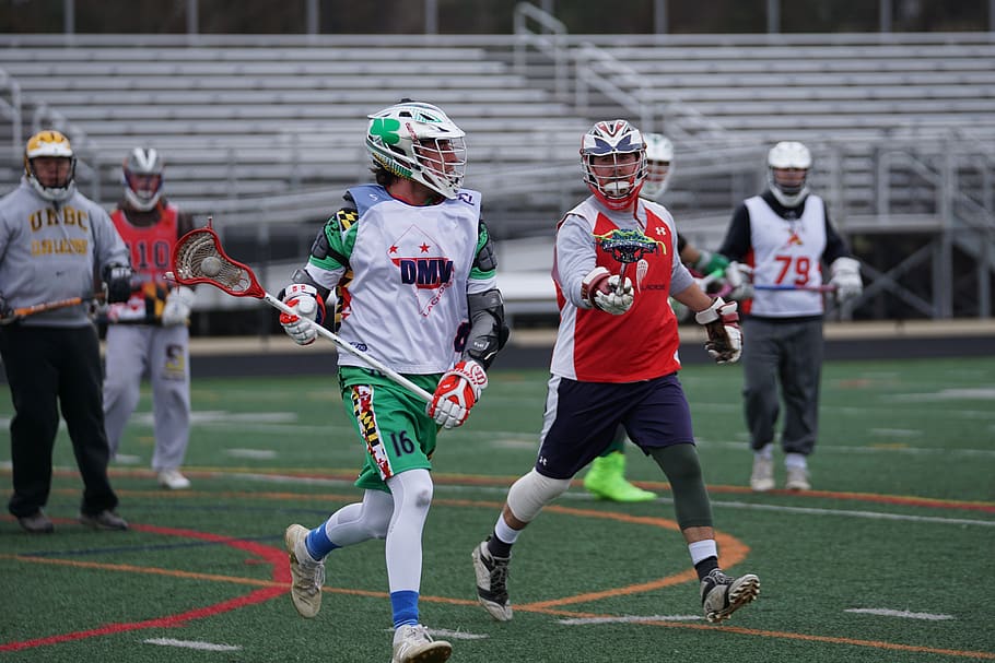 men playing lacrosse during daytime, sport, group of people, helmet HD wallpaper