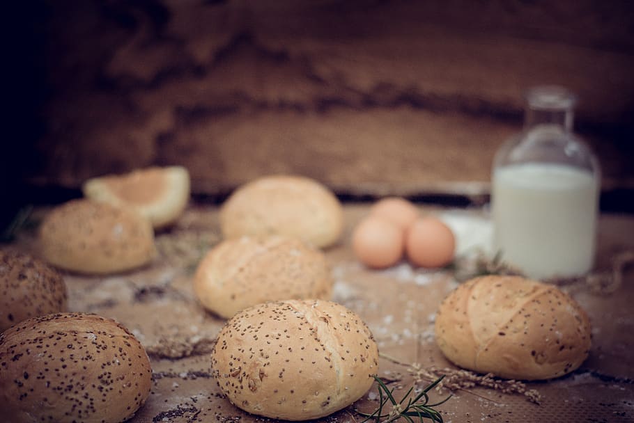 eggs, buns, rolls, bread, milk, seeds, food and drink, dairy product HD wallpaper