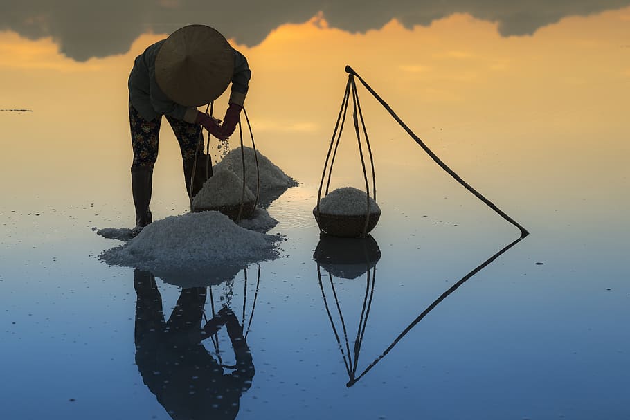 Man Carrying Salt On Basket During Golden Hour, backlit, dawn HD wallpaper