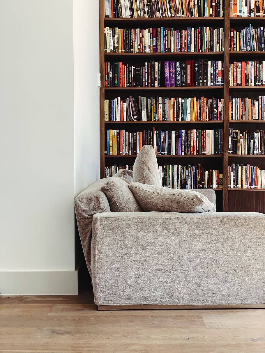 gray couch across bookshelf, indoors, furniture, sofa, home interior HD wallpaper