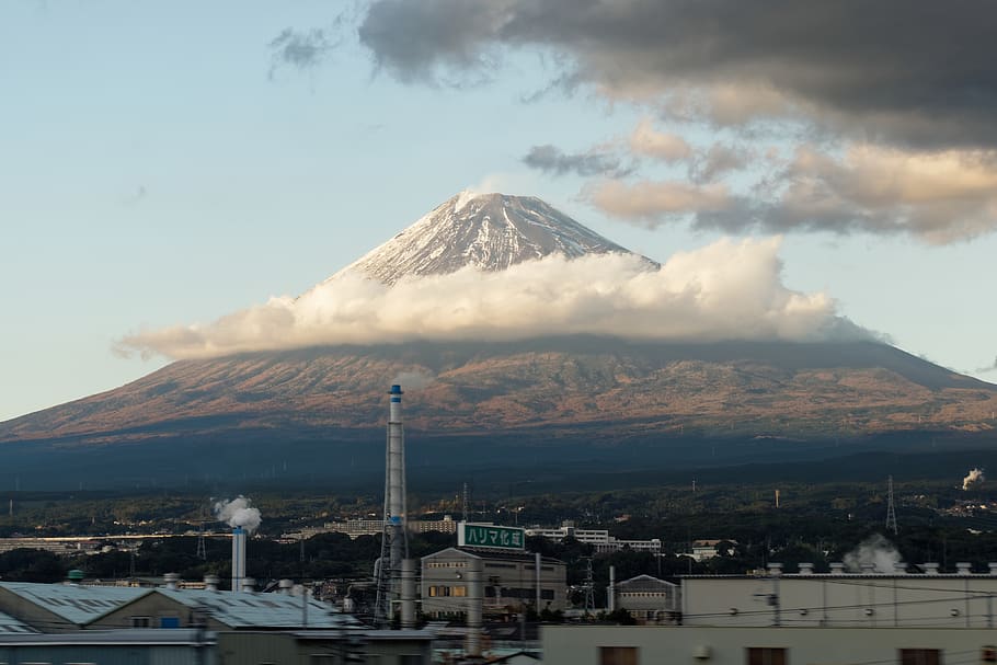 Mount Fuji during daytime, cloud, mountain, city, urban, power plant HD wallpaper