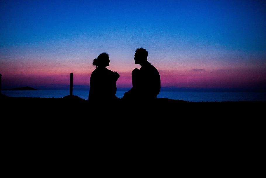 silhouette of man and woman sitting, person, sky, light, night, HD wallpaper