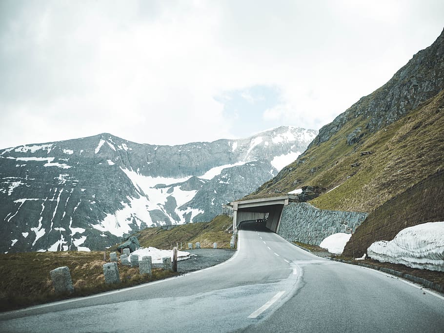Grey Road Near Mountain, adventure, alpine, austria, clouds, cold HD wallpaper