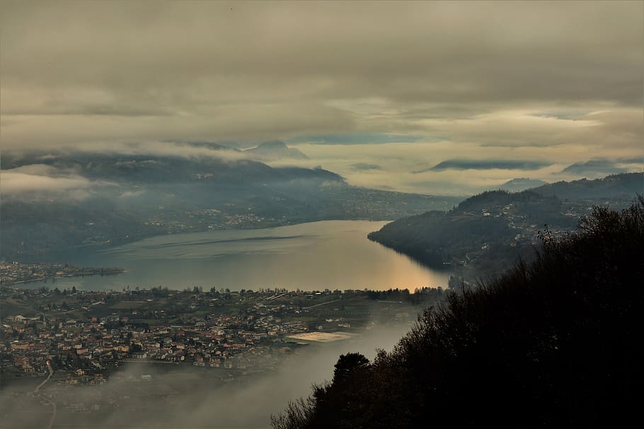 Aerial Photography of Mountains and Body of Water, bird's eye view HD wallpaper