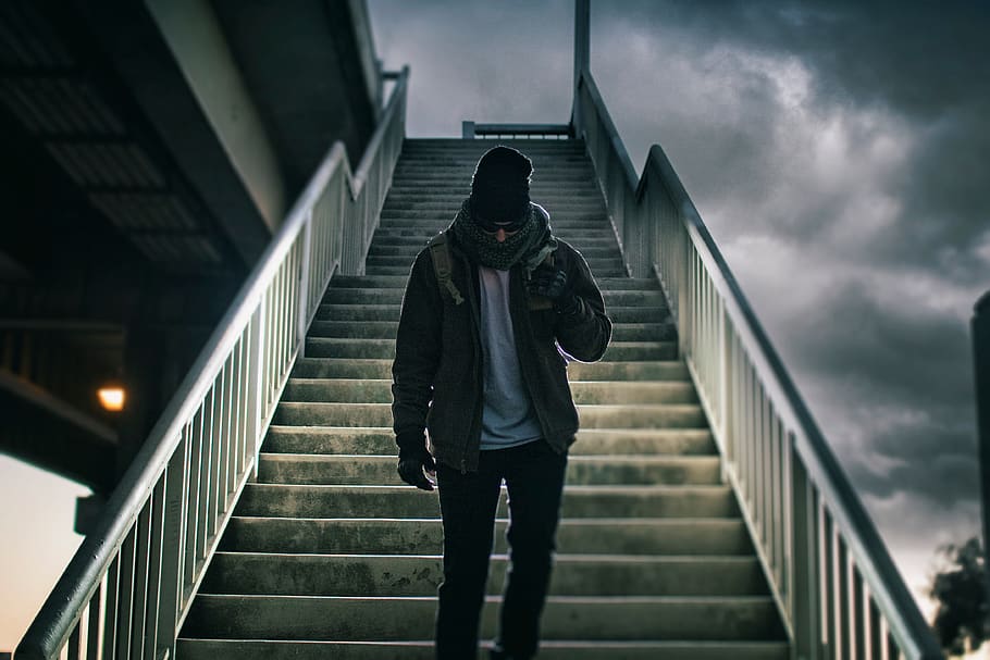 clouds, dark, sky, people, man, alone, building, stairs, light HD wallpaper