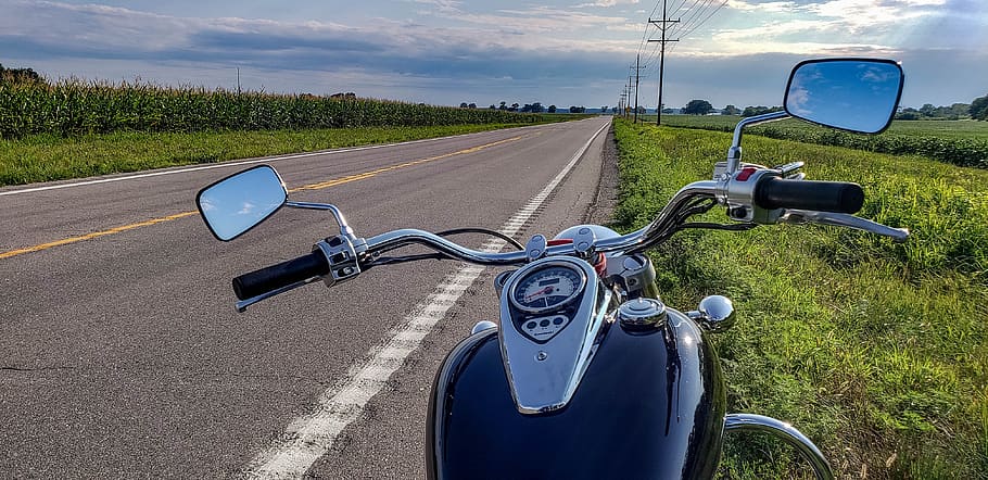 motorcycle, road, sky reflection, transportation, mode of transportation HD wallpaper