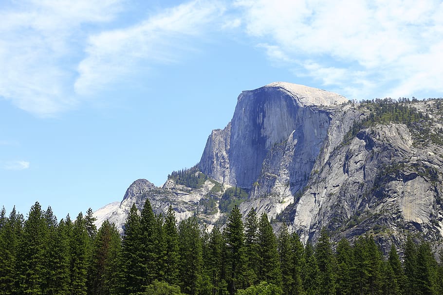White Rocky Mountain and Green Trees, cliff, clouds, daylight HD wallpaper