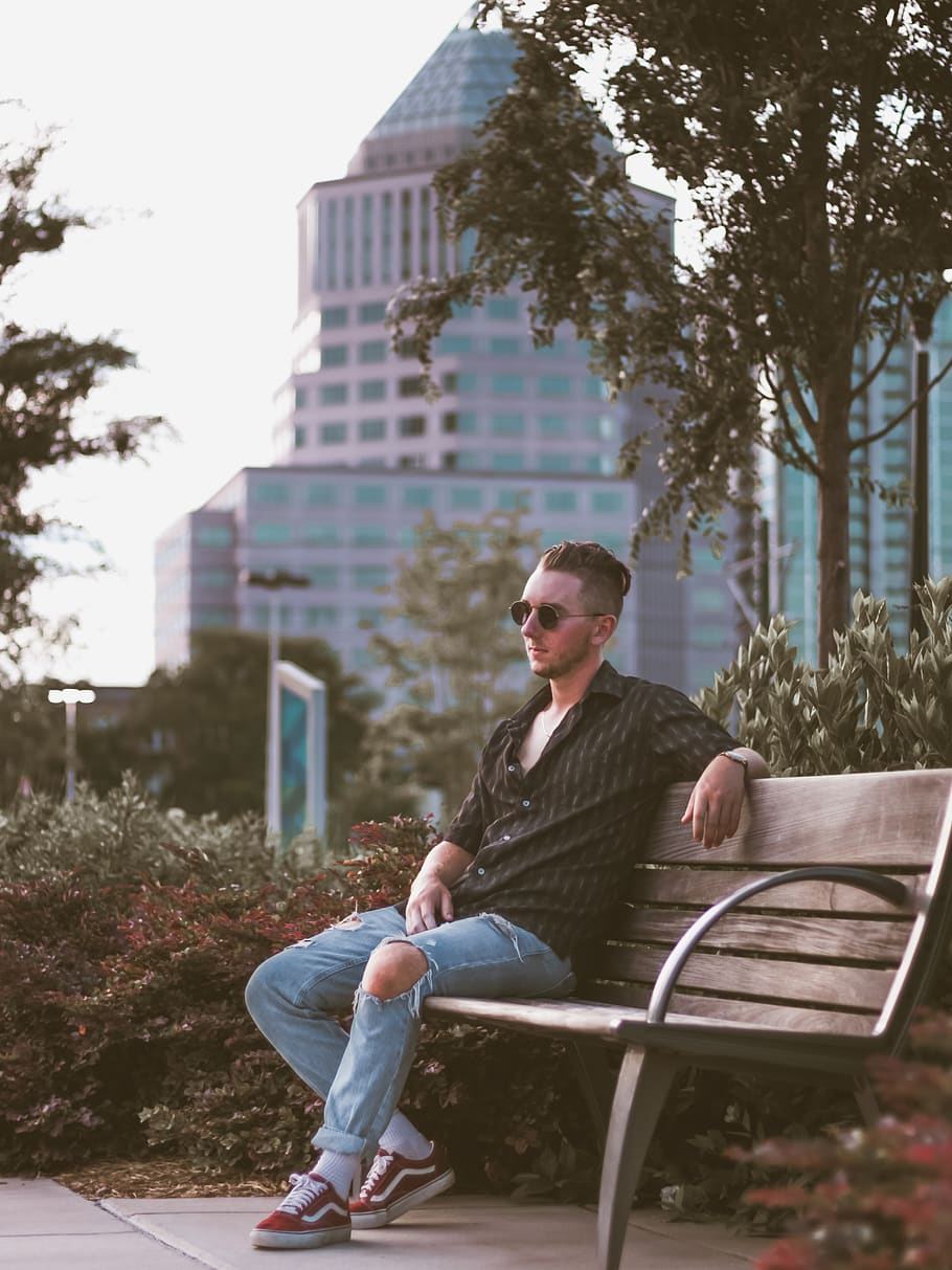 man sitting on bench, apparel, clothing, footwear, shoe, furniture HD wallpaper