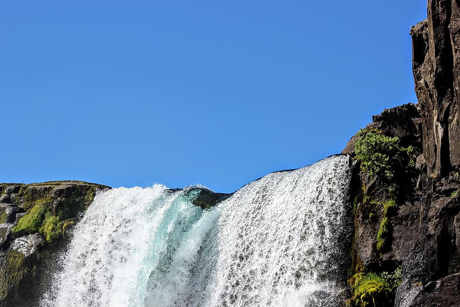 waterfalls under blue sky, beauty in nature, rock, scenics - nature HD wallpaper