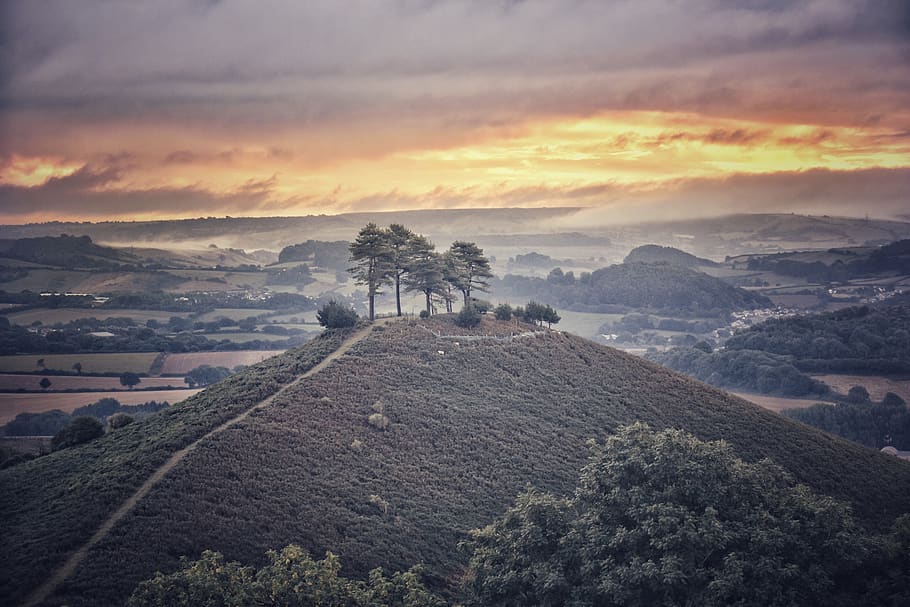 green grass mountain scenery, sky, cloud - sky, landscape, tree HD wallpaper