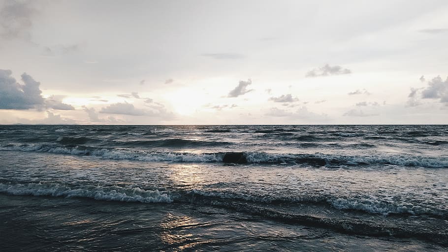 Sea Waves on White and Gray Sky at Daytime, beach, clouds, dawn HD wallpaper