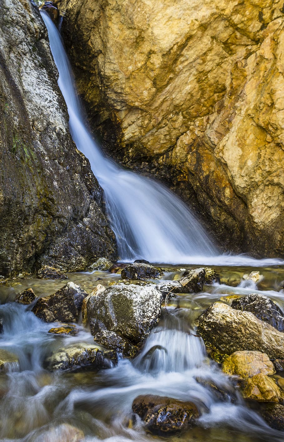 Water Stream Between Brown Rocks, environment, flow, flowing HD wallpaper