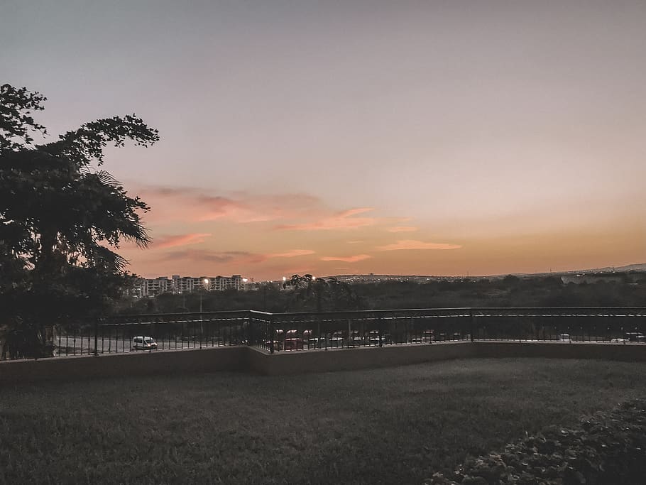 sunset, tropical, night, yellow, orange, sky, architecture HD wallpaper