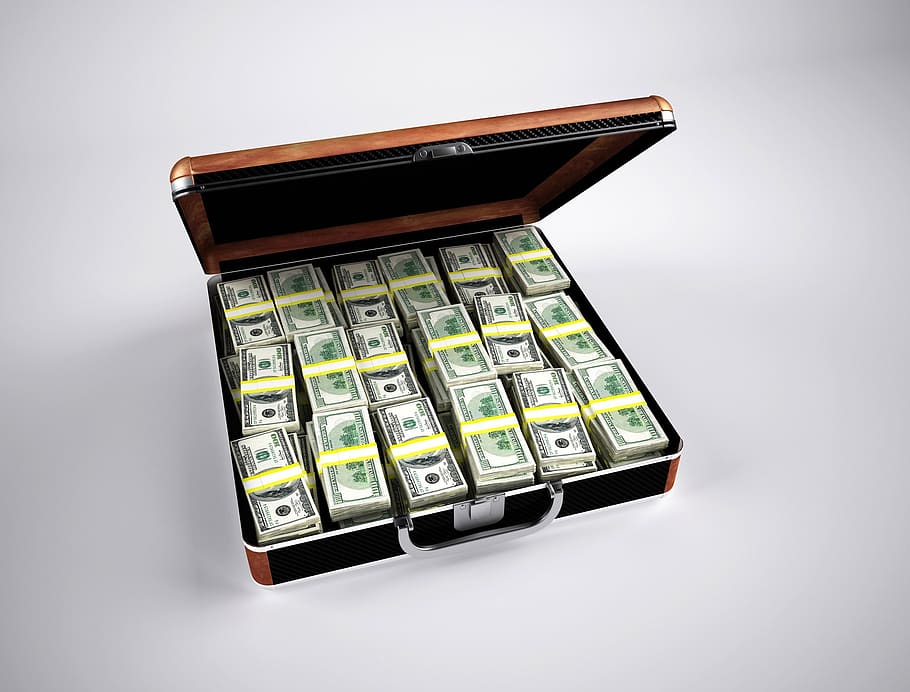 U.s. Dollar Bill on Brown Steel Case, briefcase, cash, currency
