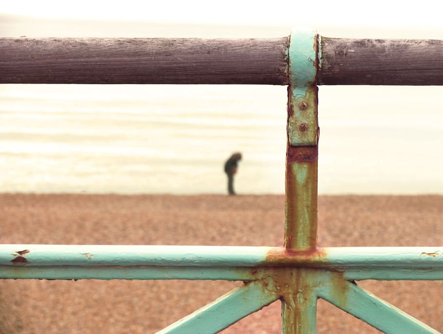 fence, metal, rust, sand, beach, human, water, sea, nature HD wallpaper