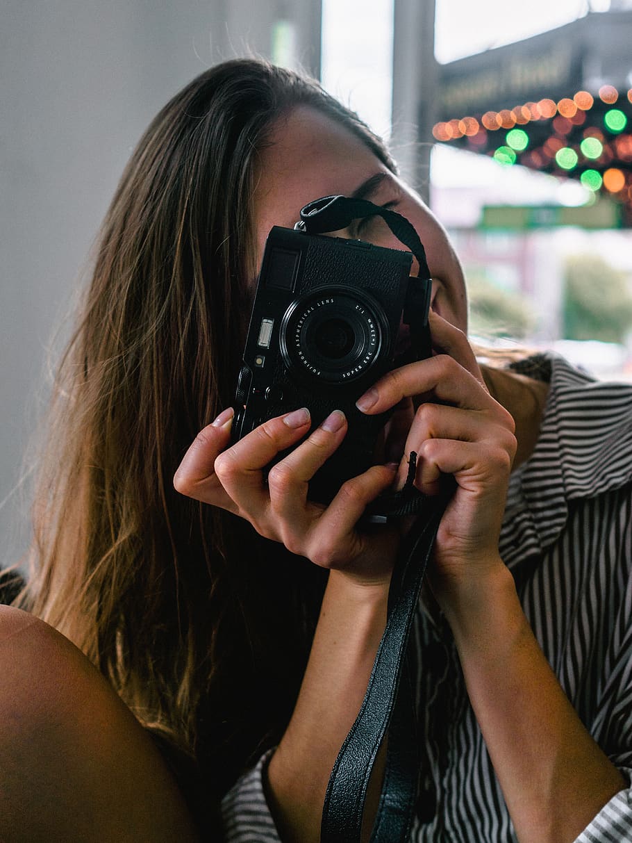 Photo of Woman Taking Picture, analog camera, device, electronics HD wallpaper