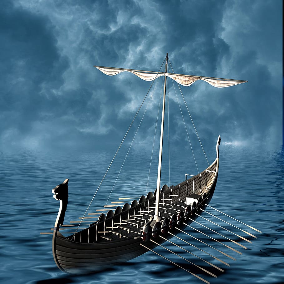 viking, ship, boat, water, clouds, background, reflection, sky, HD wallpaper