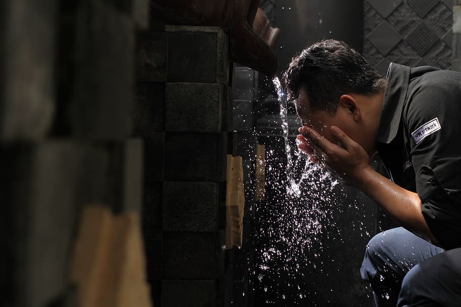Man in Black Shirt Washing His Face, action, adult, clean, clear