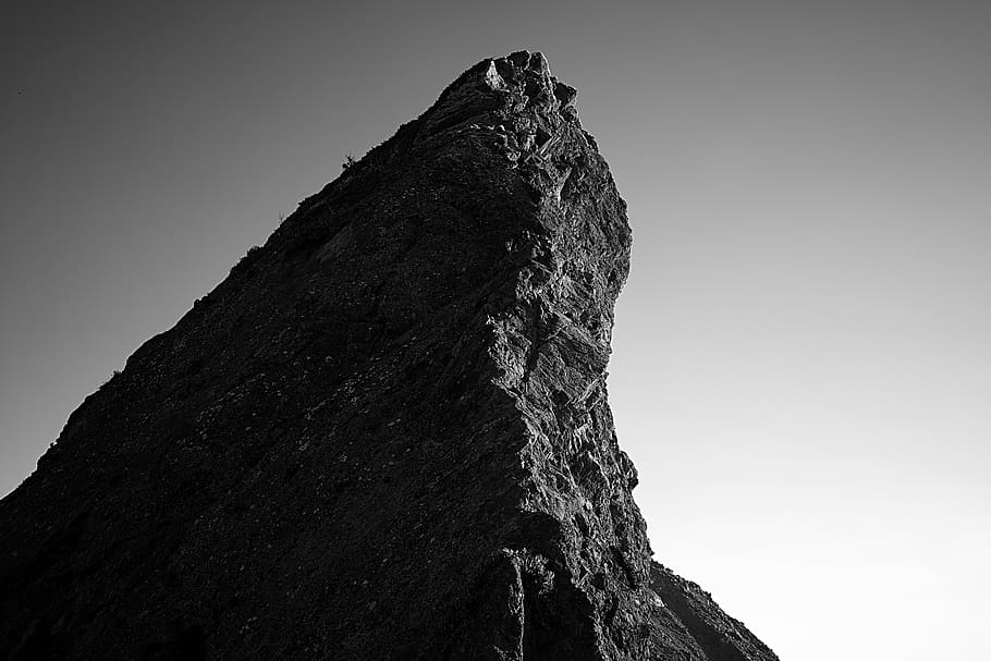 rock, sun, shade, black, white, gradient, black and white, hill HD wallpaper