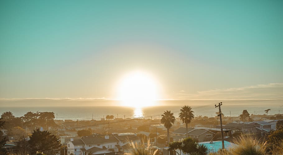 sun, sunset, ocean, water, palmtrees, america, usa, travel HD wallpaper