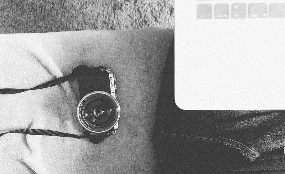 lumix, macbook, apple, grey, black, technology, indoors, close-up HD wallpaper