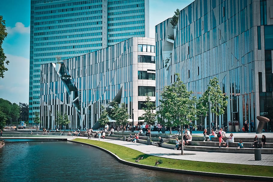 2 Building in Front of Lake Side, architecture, break, city, cityscape HD wallpaper